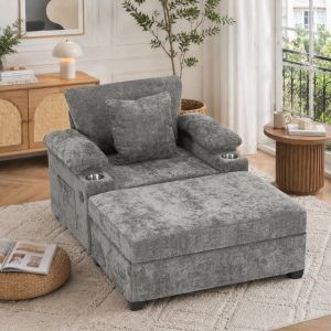 Poltrona reclinável em chenille cinzento com suporte lombar e porta copos
