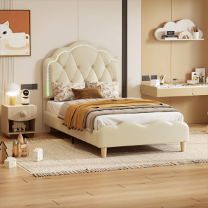 Cama individual 90x200cm com cabeceira ondulada luzes multicoloridas pu