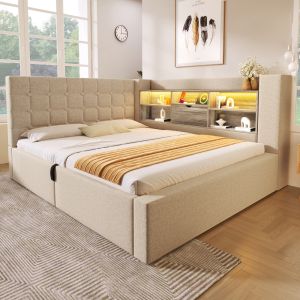 Cama de tecido 140x190cm com LED e arrumação linho bege