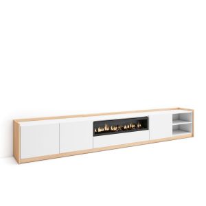 Móvel de tv, 310x37x50cm, branco e carvalho soft, lareira eléctrica rf4329