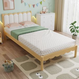 Cama infantil 90x200cm com cabeceira estofada estrutura em madeira – bege