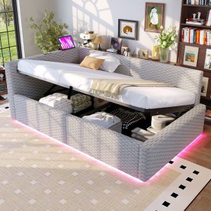 Sofá cama 90x200cm com arrumação e LED veludo cinzento