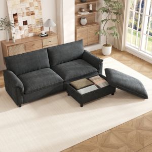 Sofá modular de canto chenille cinzento 4 lugares pufe móvel e arrumação