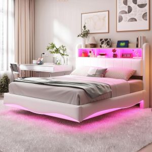 Cama suspensa com arrumação, LED, usb e type-c 140x200cm bege