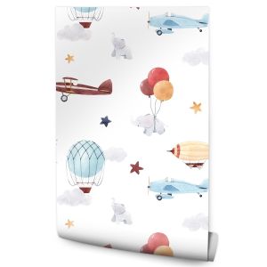Papel de parede quarto das crianças elefantes balões aviões estrelas
