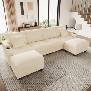 Sofá modular em u em bombazina bege 5 a 6 lugares com usb