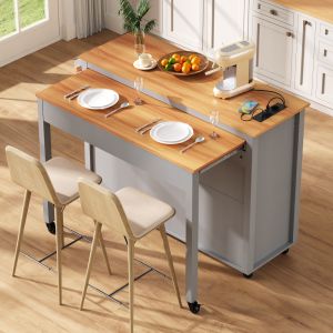 Ilha de cozinha com rodas em mdf cinzento com tampo extensível e tomadas