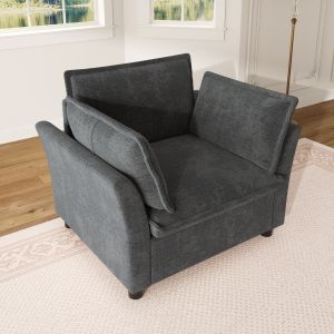 Poltrona individual em chenille cinzento com almofadas e apoios de braços
