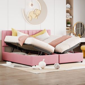 Cama estofada 180x200cm com arrumação hidráulica linho rosa
