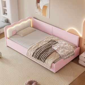 Cama de dia estofada em veludo rosa 90x200 cm com luz LED
