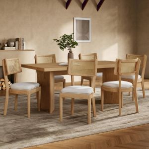 Conjunto de 6 cadeiras de jantar em madeira maciça e rattan cor madeira