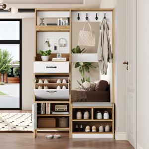 Móvel de entrada com banco 1 porta 1 gaveta branco natural 180x108,5x35cm