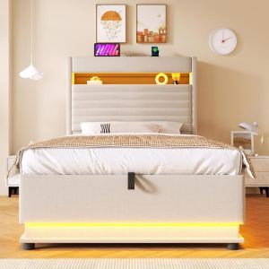 Cama arrumacao 90x200cm com LED usb type c hidraulica bege
