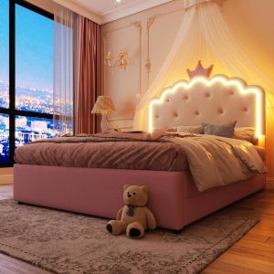 Cama princesa 140x200 cm com cama gavetão, gavetas, LED e comando rosa