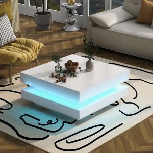 Mesa de centro quadrada branca com luz LED 36x70x70cm