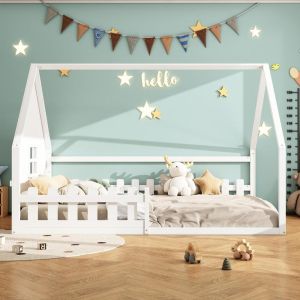 Cama infantil tipo casinha 140x200cm com grades de segurança branca