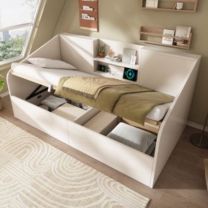Cama de dia 90x200cm com arrumação hidráulica madeira branca