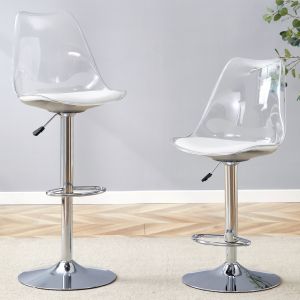 Conjunto de 2 bancos de bar reguláveis em metal e plástico transparente