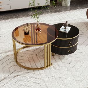 Mesa de centro redonda com 2 gavetas preto e dourado 45x70x70cm
