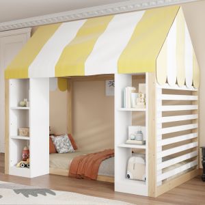 Cama infantil 90x200cm com dossel e arrumação madeira – branco natural