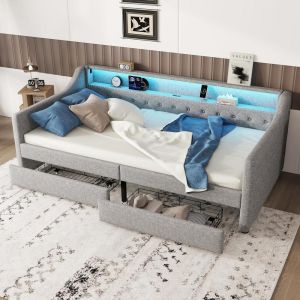 Cama divã 90x200cm com LED, usb e 2 gavetas de arrumação
