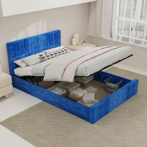 Cama com arrumação 140x200cm azul para quarto de adultos, moderna