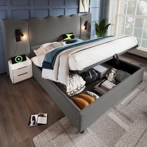 Cama casal metal 180x200cm com LED usb e cabeceira com tomada bege
