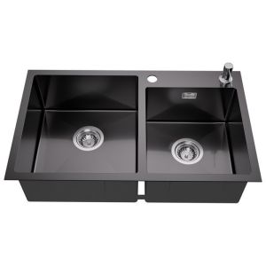 Pia de cozinha - inox - 2 cubas - 75x45x19cm - cinza-preto - dispensador de