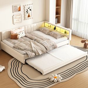 Cama estofada 140x200cm com arrumação carregamento e luz LED linho – bege