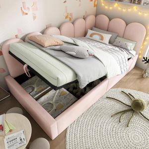 Cama baú 90x200cm com armazenamento, sofá cama conversível, rosa
