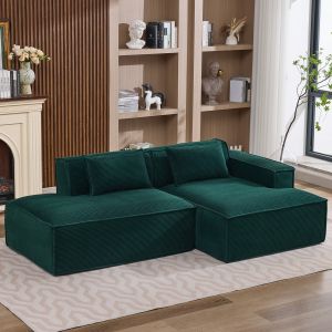 Sofá em tecido verde retro 235 cm com 2 almofadas para sala