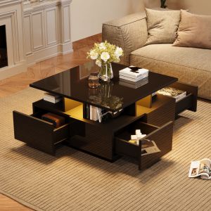 Mesa de centro com LED e 4 gavetas preto 40x70x70cm