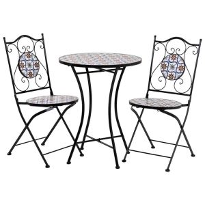 Mesa e duas cadeiras em ferro forjado em mosaico preto, azul e laranja