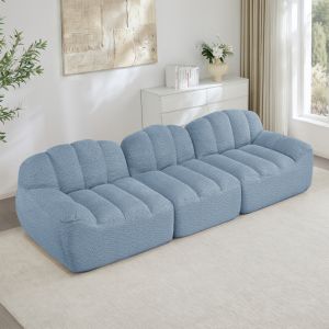 Sofá modular 3 lugares em tecido felpudo azul assento profundo
