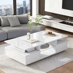 Mesa de centro branca com 2 gavetas e luz 36x100x50cm