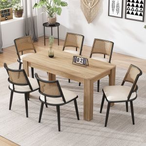 Conjunto de 6 cadeiras de jantar em rattan com assento em pu - preto
