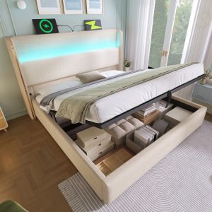Cama de casal 160x200cm com arrumação e LED linho com colchão – bege