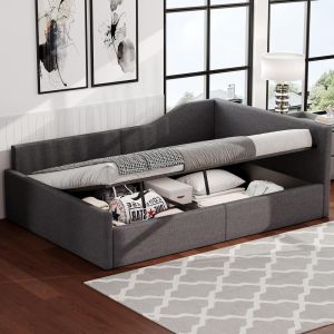 Sofá cama capitonado linho 140x200cm com arrumação cinzento