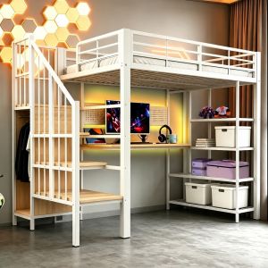 Cama alta em ferro 90x200cm com secretária, arrumação, LED, branca