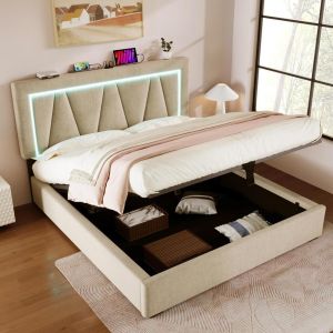 Cama 140x200cm linho LED usb-c cabeceira regulável sommier bege