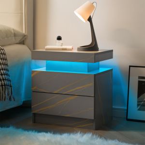 Mesa de cabeceira com luz e 2 gavetas madeira cinza dourado 59x45x20cm