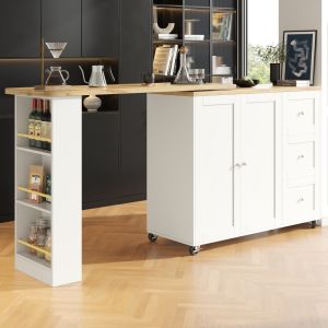 Mesa alta giratória com rodas em mdf branco com arrumação e 3 gavetas