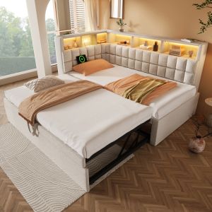 Cama estofada cama auxiliar 90x200cm linho bege LED usb-c bluetooth