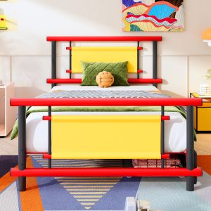 Cama infantil 90x200cm com gavetas metal vermelho
