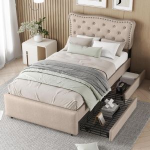 Cama com gavetas 90x200cm, cabeceira ajustável 101-111cm bege