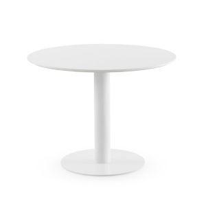 Mesa de melamina branca, 100cm de diâmetro, base central de m, 100x100x75cm