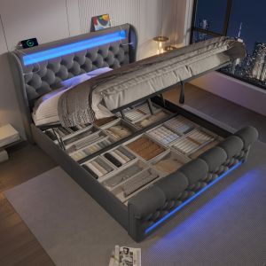 Cama estofada 140x190cm com arrumação LED e usb veludo – cinzento