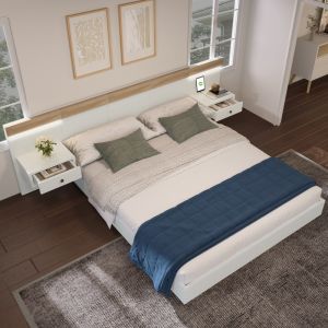 Cama de casal 180x200cm com luz LED e arrumação madeira – branco e carvalho