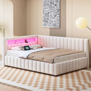 Sofá-cama estofado em veludo bege 140x200 cm com LED e usb