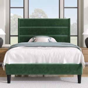 Cama estofada 90x200 cm, com cabeceira, tecido linho, moderno, verde
